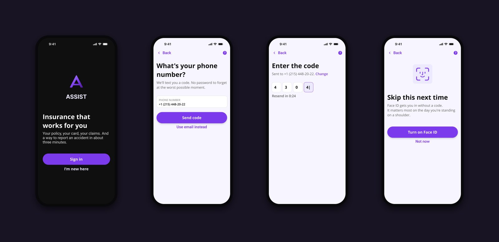 Brand and access: sign in by phone, code, Face ID