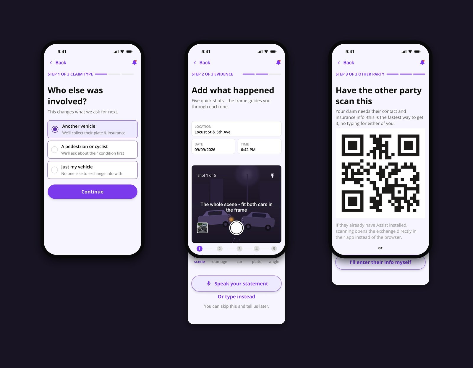 Three steps: claim type, evidence capture, QR exchange
