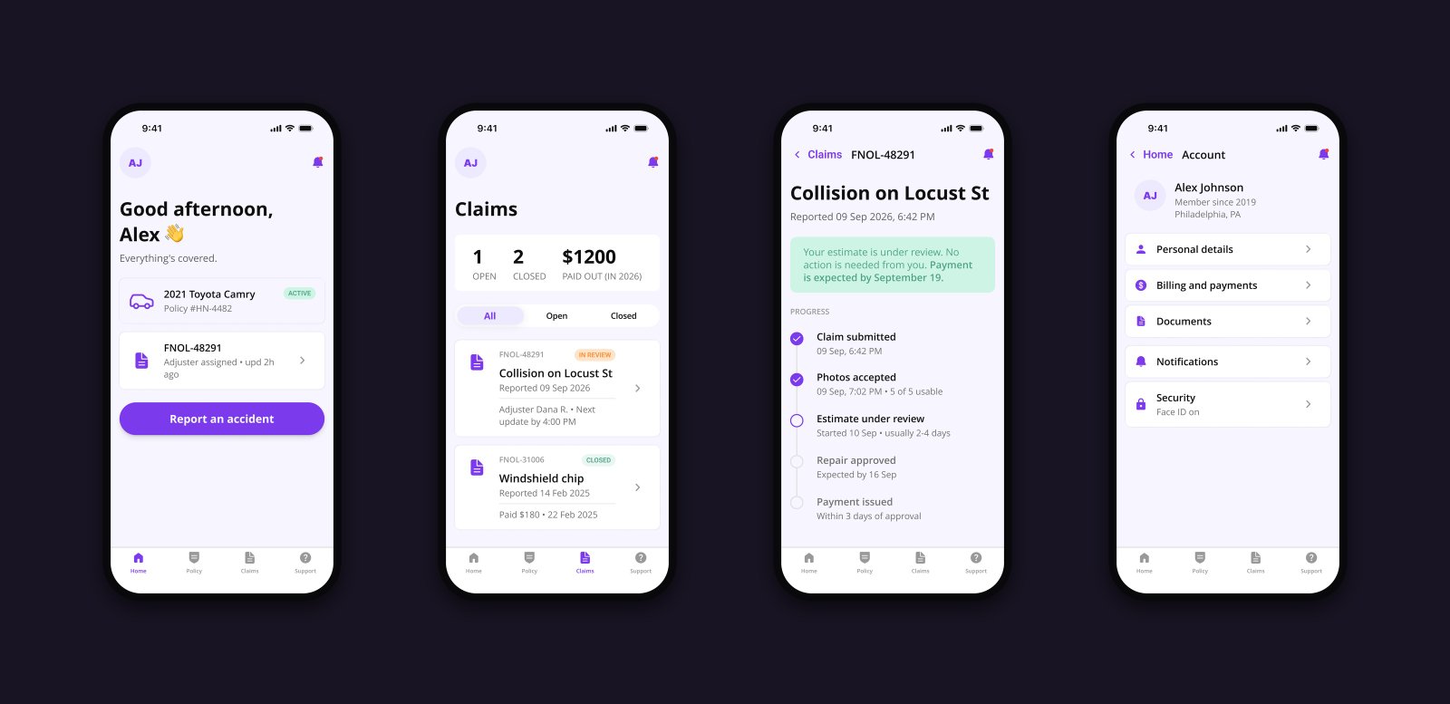 The product around the flow: home, claims, claim detail, account