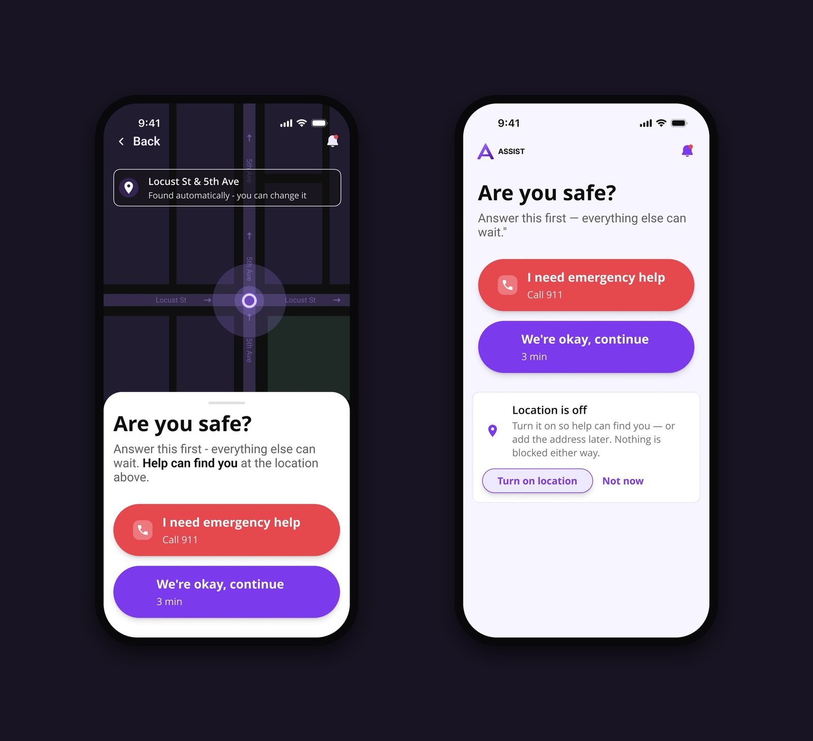 Safety screen with and without location permission