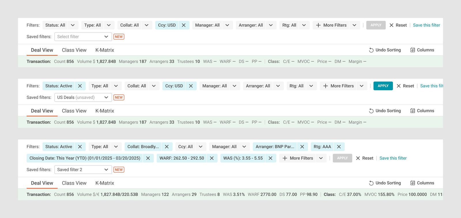 Filter bar progression across states