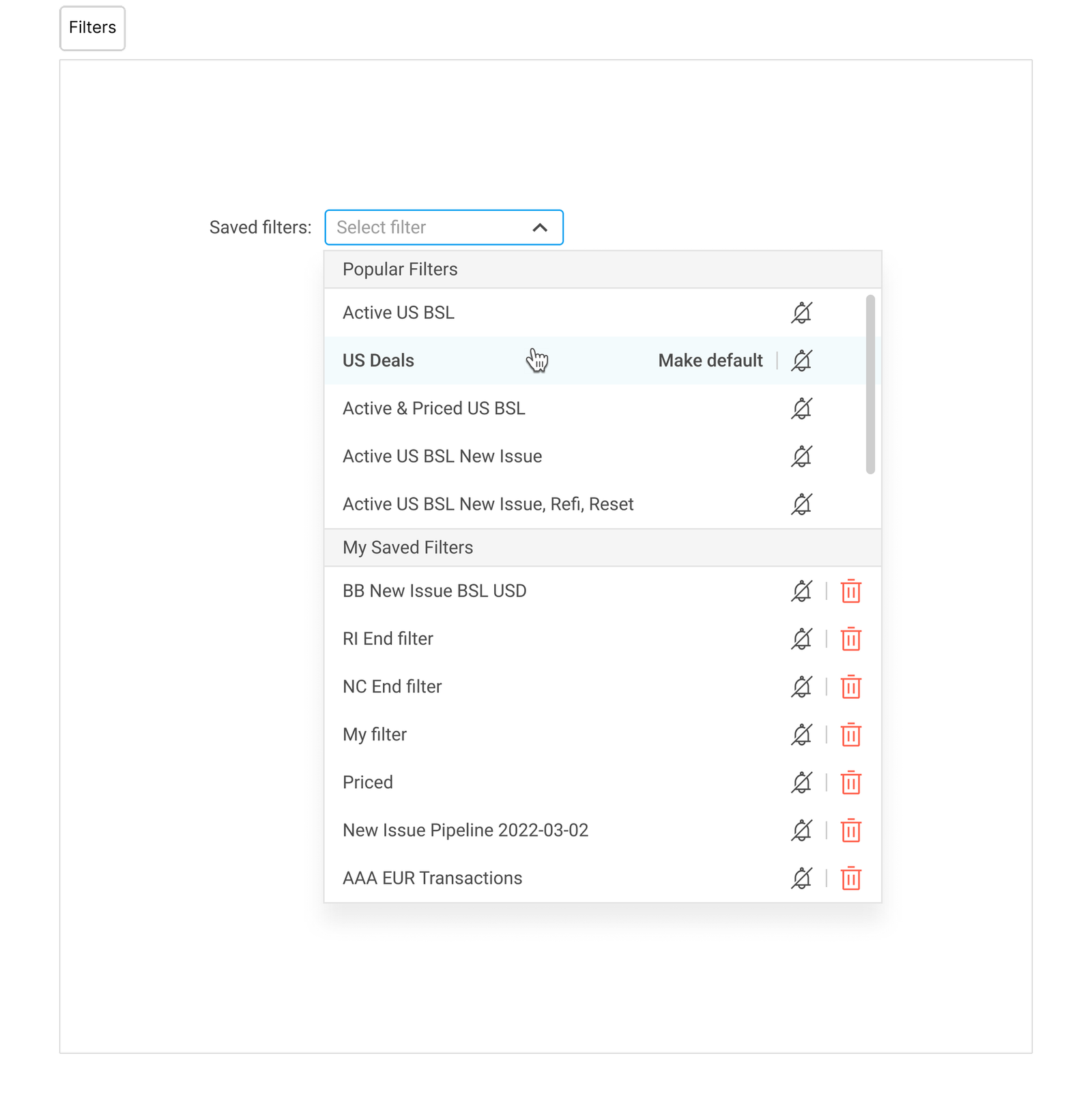 Saved filters dropdown